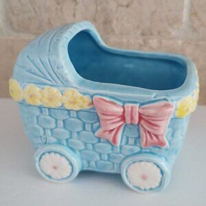 Blue Baby Carriage Ceramic Planter Vintage Nursery Decor Baby Shower Gift
